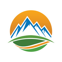 Blue mountain peaks against orange sun and green hills vector