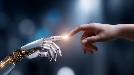 Fototapeta premium Human and Robotic Hands Touching in a Dark Setting
