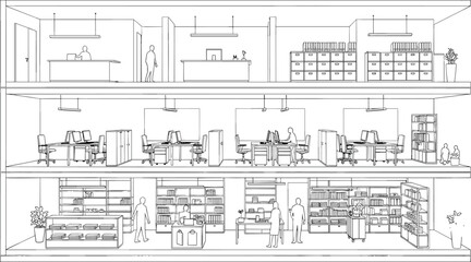 Three-story office and retail building sketch, modern workspace with people, desks, storage cabinets, file shelves, and retail display layout

 flat vector illustration