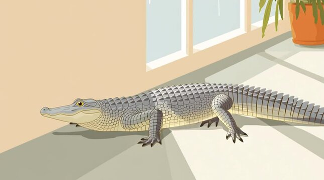 Animation wild alligator is walking through a mansion living room - he is an exotic pet 