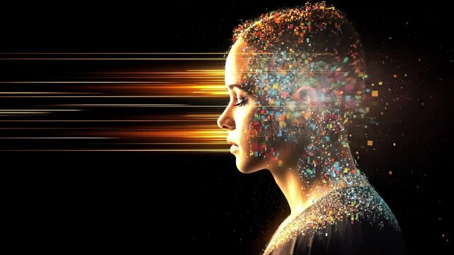 Profile of a woman composed of colorful pixels dissolving into light trails, symbolizing artificial intelligence, data visualization, and the digital world
