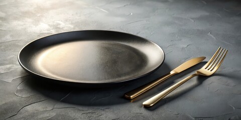 Elegant black plate with gold cutlery on a textured surface, ready for a delicious meal