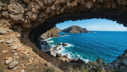 View from a cave opening showing a small, green, triangular island in a blue ocean under a bright sky.