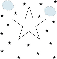 A white star with two blue clouds on a black background illustration art