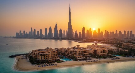 Obraz premium Aerial view of Dubai skyline at sunset, featuring skyscrapers and beach.