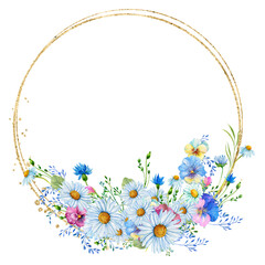 Gold frame border. with flowers. Watercolor hand painting floral wreath with place for text with bouquet. Isolated on white background.