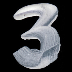 Number 3 made of white paint isolated on black background. Number 1, 2, 3, 4, 5, 6, 7, 8, 9, 0. JPG.