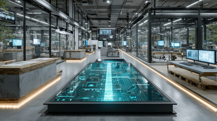 Fototapeta premium Futuristic R&D Lab with AI-Powered Robots Synthesizing Advanced Materials, Enclosed by Glass Walls Showcasing Patent Certificates and Product Prototypes, Floor Holographic Timeline Mapping Company's T