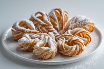 Faworki Pastries on White Plate Sprinkled with Powdered Sugar 1