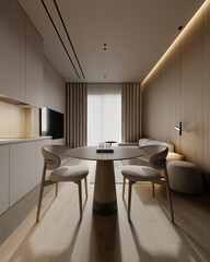 Beige color chairs at round wooden dining table in room with sofa and cabinet near wooden wall. Scandinavian, mid-century home interior design of modern living room