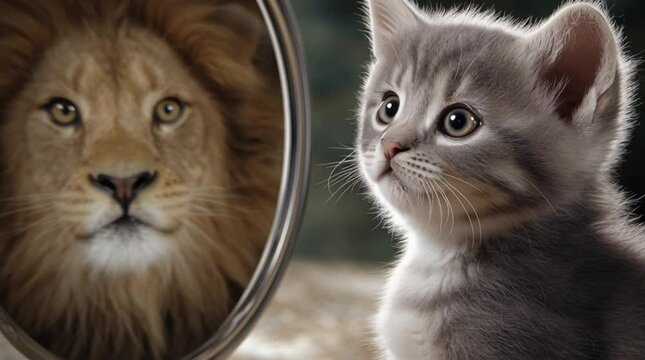 A smol kitten is looking in the mirror and sees a strong adult lion with mane