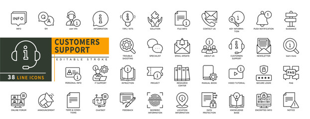 Minimalist Customers support line icons set with editable stroke, featuring info, Q&A, user info, information, tips, specialist, about us, manual book, biometric, feedback. thin linear illustration.