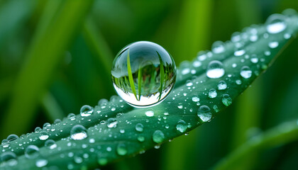 Vibrant Glistening Raindrop Reflecting Miniature World on Green Leaf