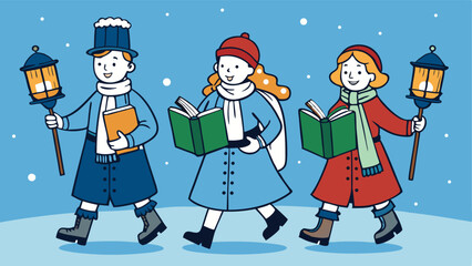 Carolers Walking With Lanterns And Books Illustration.