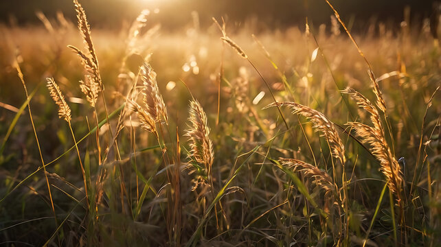 Golden hour meadow background with soft sunlight casting warm tones across tall grass swaying in the breeze. Use gentle lens flare and a shallow depth of field to create a dreamy, peaceful atmosphere.