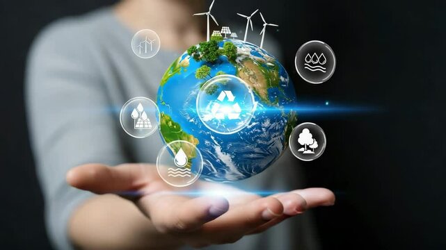 Man Holding Globe with Renewable Energy and Environmental Icons, Sustainable Development and Eco-Friendly Technology

