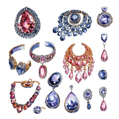 Fashion Jewelry Set, watercolor drawing vector, isolated on a white background.