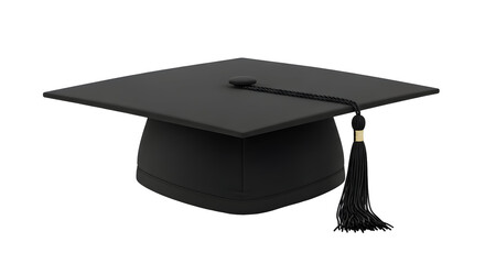 A black graduation cap with a tassel symbolizes academic achievement and completion on a clean background, ready for design integration.