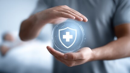 A person holds a glowing digital shield with a medical cross symbol, representing protection and healthcare technology.