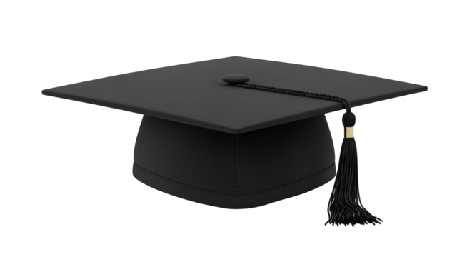 A black graduation cap with a tassel symbolizes academic achievement and completion on a clean background, ready for design integration.