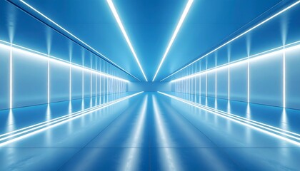 A perfectly symmetrical corridor illuminated by linear blue neon lights. The mirrored floor reflects the light beautifully, giving the impression of infinite space and modernity. This sci-fi environme
