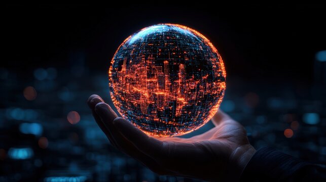 Futuristic digital globe with glowing cityscape and data network in a human hand at night