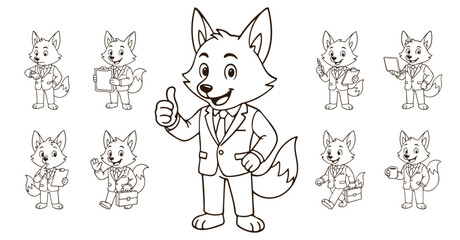 Black and white line art set of business fox mascots in suits performing various office tasks. Vector illustration of professional cartoon animals isolated on white background