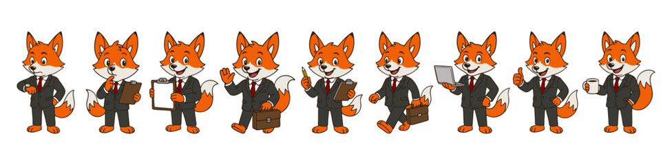 Cartoon fox mascot in black business suit with red tie performing office tasks. Professional character in eight workplace poses with clipboard, coffee, laptop, and briefcase