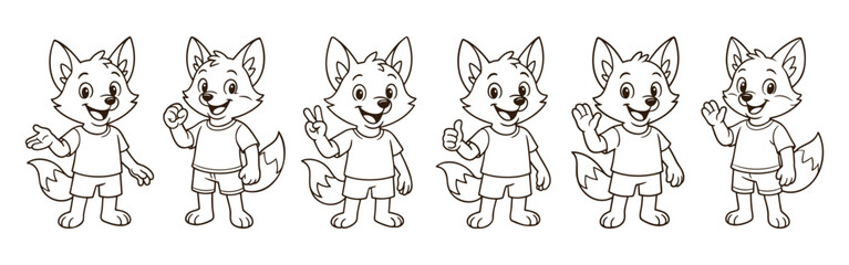 Black and white line art collection of cheerful cartoon fox characters in casual clothing. Various gestures and poses isolated on white background