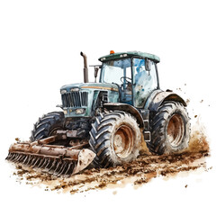 watercolor vector of Farm Tractor Plowing Field, isolated on a white background. © AMIDCO