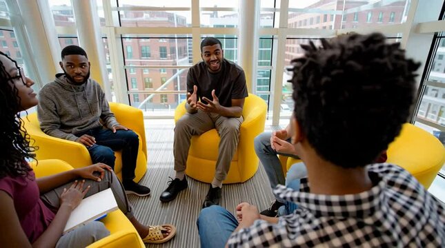 A study group of uni students are in the library working together on homework and a group assignment while cramming for the upcoming test