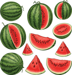 Watermelon vector illustration on white background, featuring whole and sliced watermelons, fresh summer fruit design, perfect for healthy food art, seasonal themes, and tropical fruit concepts.
