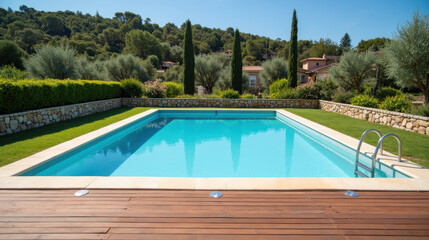Serene outdoor swimming pool surrounded by lush greenery and trees, perfect for relaxation and leisure. clear blue water invites you to enjoy