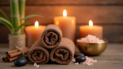 Relaxing spa setting with rolled towels, candles, and natural elements creating tranquil atmosphere. Perfect for wellness and self care
