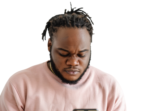 woman, puzzled expression, frowning, smartphone, looking at phone, confused, seamless white background, PNG and transparent background, tech issue, female portrait, screen time, digital lifestyle, mob