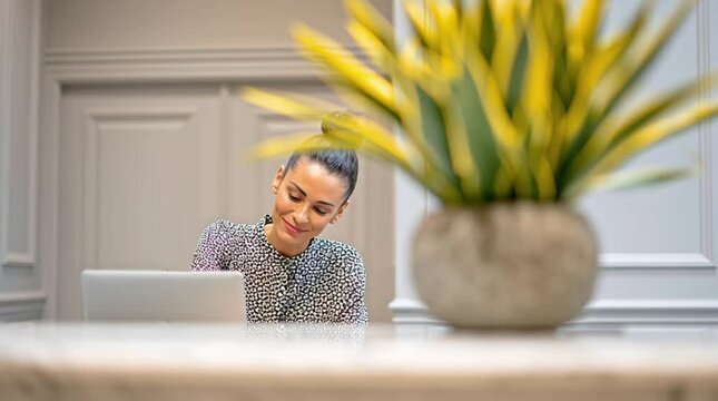 A receptionist sits at the front desk as viewed from across the lobby behind a plant. She is working on a computer with paperwork