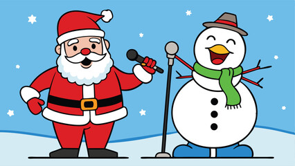 Christmas Caroling Santa and Snowman Together.