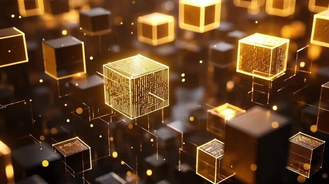 A series of interlocking hexagons filled with pulsating light illustrating the building blocks of advanced technology contributing to infrastructural growth.