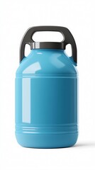 A shiny blue plastic jug with a sturdy black handle sits isolated on white