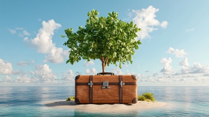 Vibrant green tree growing from a vintage leather suitcase on a small island at sea under blue sky with clouds