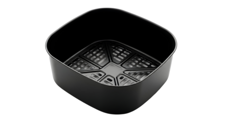 Sleek black air fryer basket with intricate hole designs stands out against a dark backdrop, perfect for cooking appliance needs.