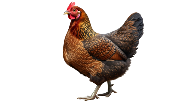 Brown hen stands gracefully with its feathered body against a transparent backdrop providing adaptable design asset.