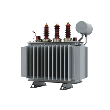 High-voltage electrical transformer with insulators and cooling fins on white background and copy space
