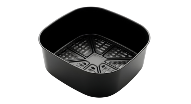 Sleek black air fryer basket with intricate hole designs stands out against a dark backdrop, perfect for cooking appliance needs.
