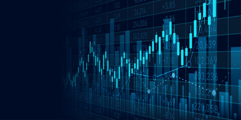 Abstract financial graph with uptrend technology bar chart of stock market on blue color background