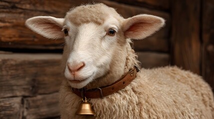 Obraz premium A curious sheep with a traditional bell collar