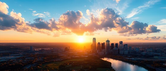 Fototapeta premium Stunning cityscape at sunset with dramatic sky illuminating modern skyscrapers and river view