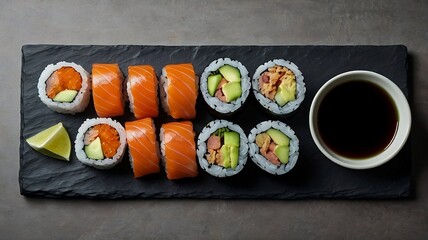 Assorted sushi rolls with salmon and avocado on black slate plate