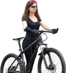 Girl on a mountain bike on offroad, beautiful portrait of a cyclist in rainy weather, Fitness girl...