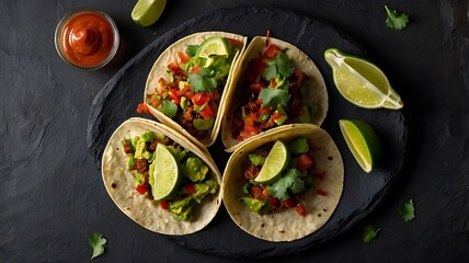 Mexican street tacos with beef, avocado, and hot sauce on black plate